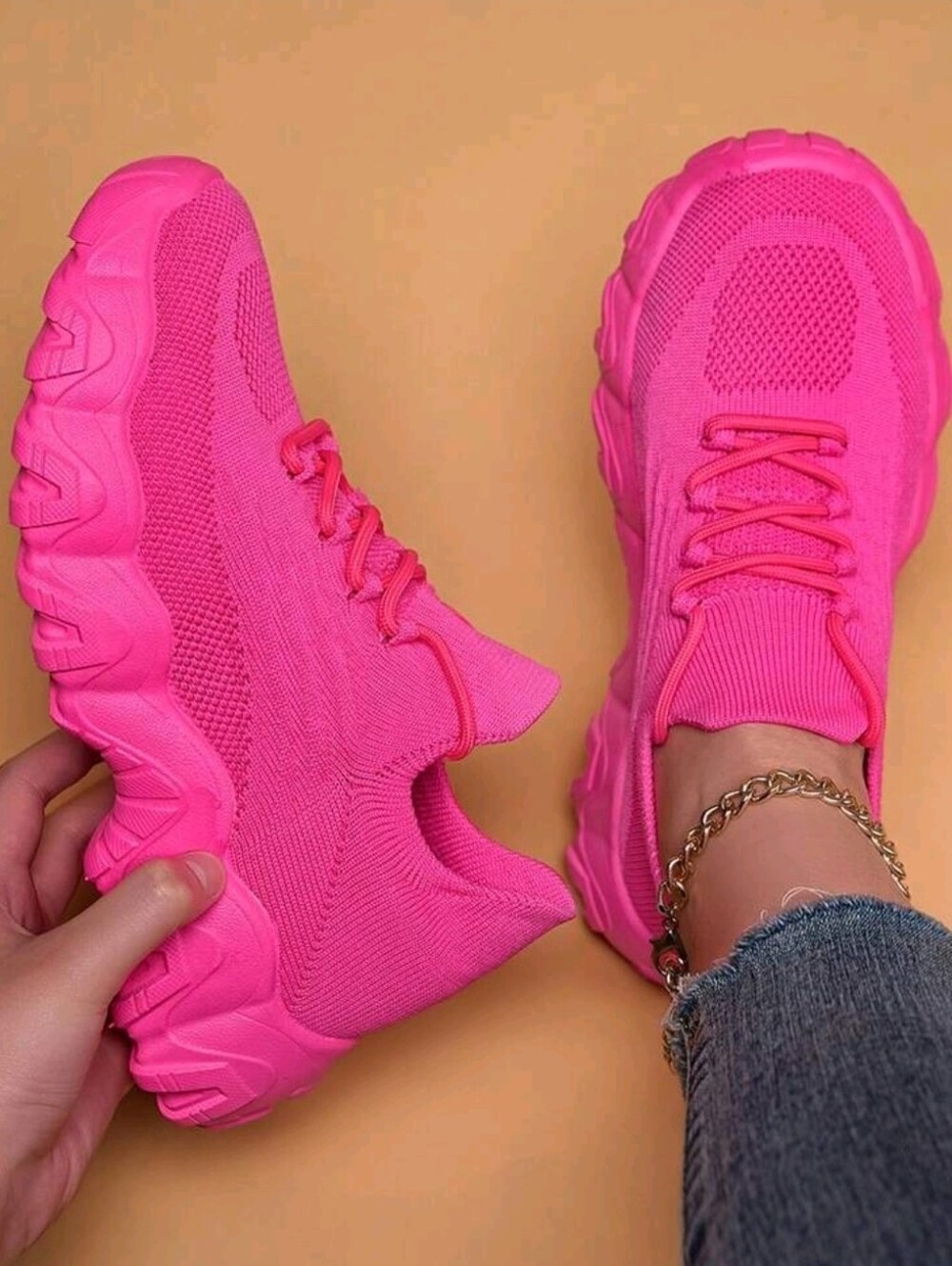 Trendy - Women’s Hot Pink Knit Athletic Sneakers